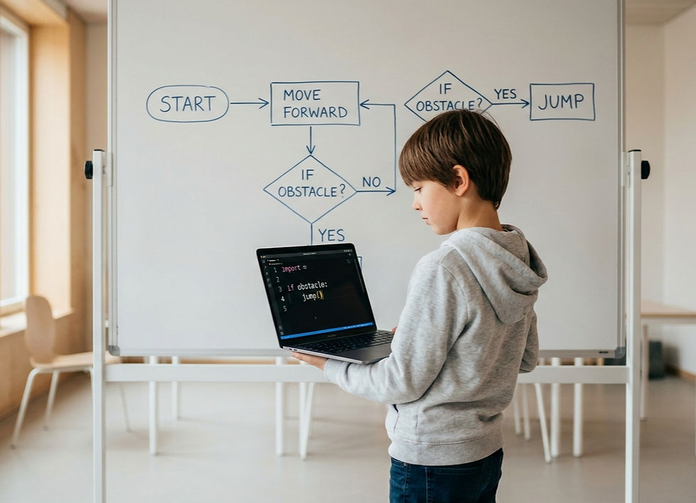 Young boy in a gray hoodie codes on a laptop in front of a whiteboard with a flowchart diagram. Classroom setting, focused mood.