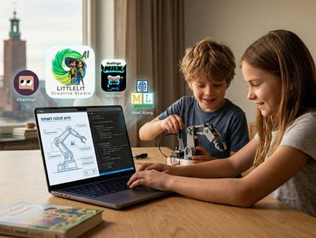 Two kids work with a robot arm and a laptop in a Stockholm home setting. Apps appear above and around the laptop, including Khanmigo, LittleLit, and Duolingo Max