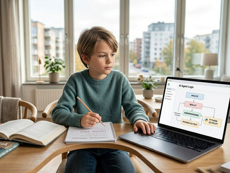 A child learning from books, writing on a notebook, and taking help of AI to do homework.