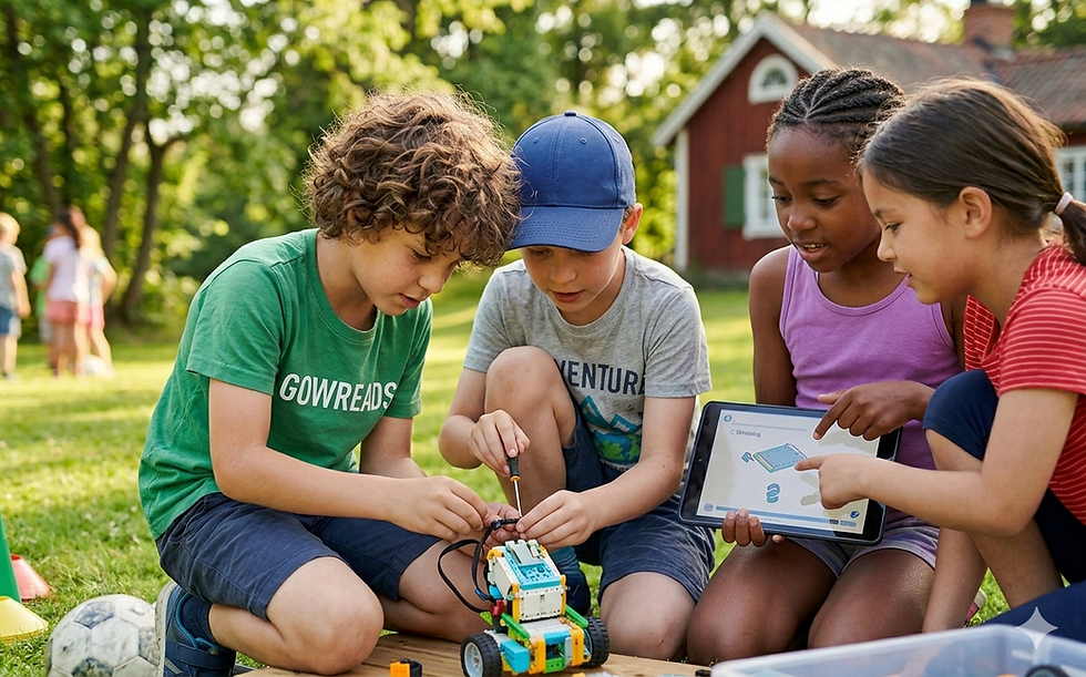 Kids build a robot in a sunny yard. One holds a tablet with a diagram; another uses a tool. A red house is in the background.