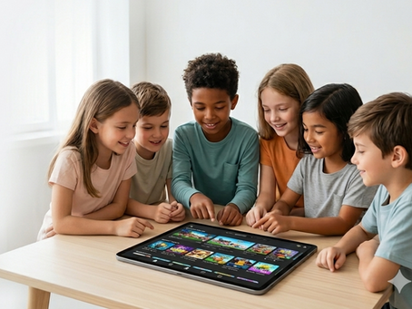 A diverse group of children collaborating safely on a large digital tablet in a bright, minimalist Scandinavian-style room, focusing on a supervised Roblox interface.