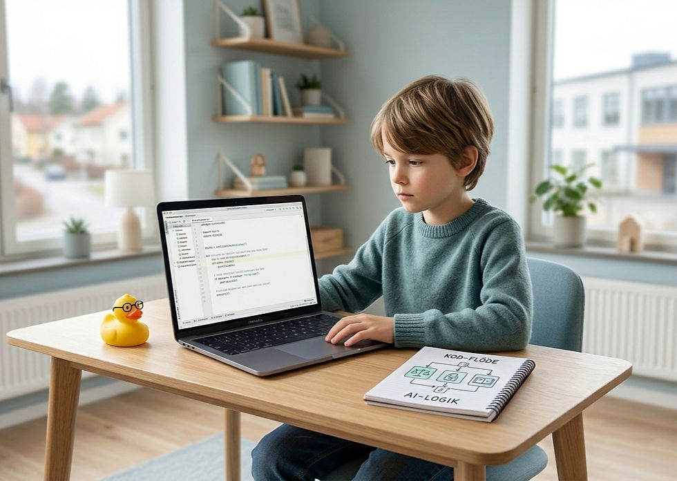 A child learning Python coding at a minimalist desk in Stockholm, practicing debugging skills with a laptop and a rubber duck to build resilience and problem-solving through STEAM education.