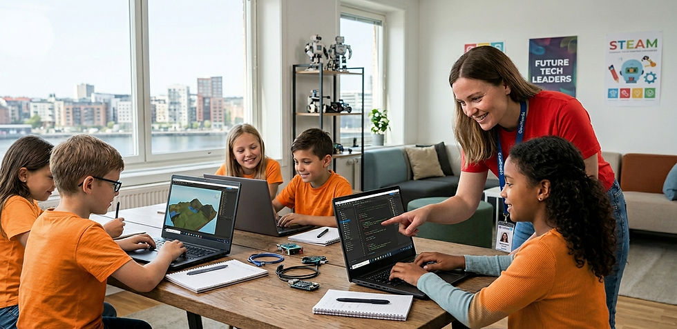 Children in orange shirts sit around a table with laptops coding. A teacher in red guides one student. Posters on wall; cityscape view outside.