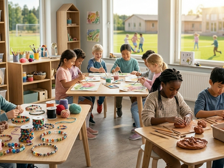 Children craft at tables in a sunny classroom. They paint, bead, and mold clay. Shelves with art supplies and a grassy field outside.