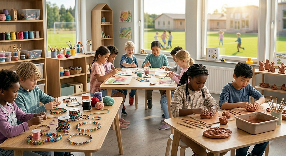 Children craft at tables in a sunny classroom. They paint, bead, and mold clay. Shelves with art supplies and a grassy field outside.