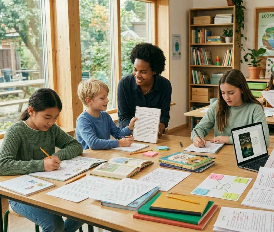 Teacher helping students write at a classroom table with books and laptop. Children are writing, brainstorming, designing cover pages.