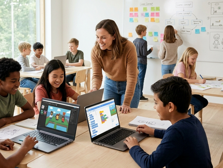 Teacher helps smiling children code on laptops in a bright classroom with sticky-note whiteboard and sketch papers.