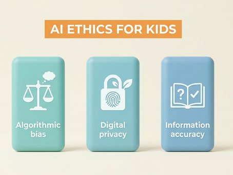 AI Ethics for Kids graphic: Three pastel icons depict algorithmic bias, digital privacy, and information accuracy, set against a neutral background.