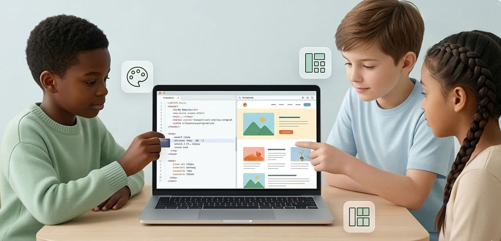 Three children focus on a laptop showing code and a website design. Icons float nearby. The setting is simple, with a calm mood.