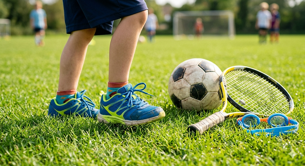 Child's legs in blue shoes on grass with a soccer ball, tennis racket, goggles, and kids playing soccer in the blurred background.