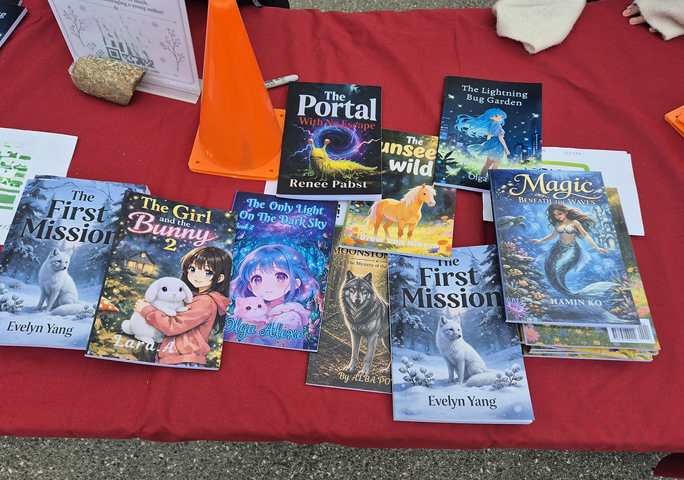 Books written by young authors stacked on a table in the school front yard. People are seen browsing through and buying signed copies of the published books.