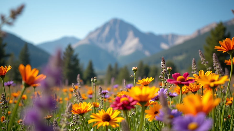Eye-level view of a colorful native flower garden with Pikes Peak in the background