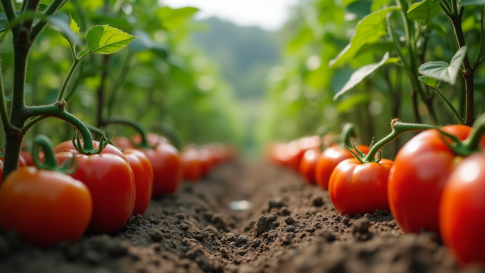 Eye-level view of a thriving vegetable garden with tomatoes and peppers