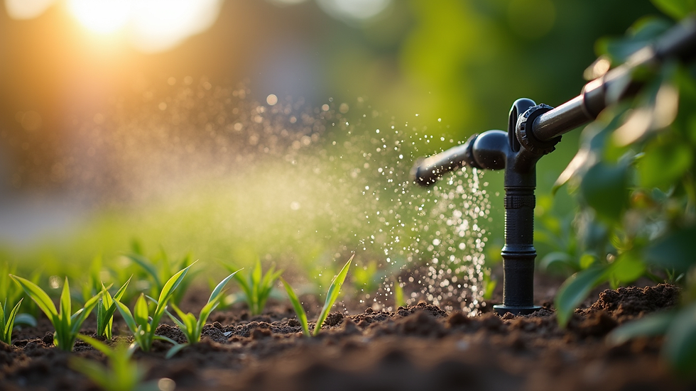 Close-up view of a drip irrigation system watering drought-tolerant plants