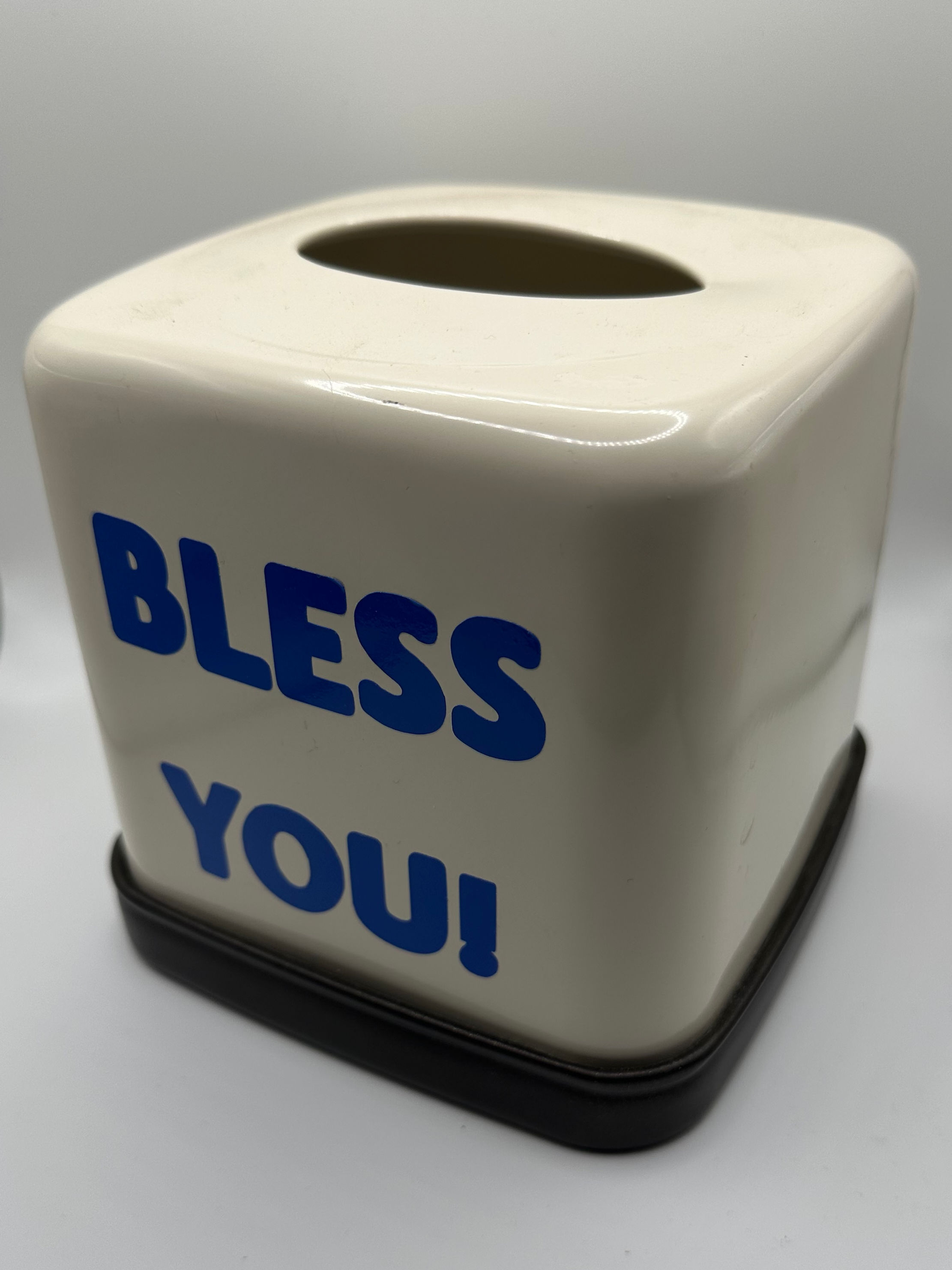 Metal Facial Tissue Box Cover Holder and Dispenser blue “BLESS YOU” 