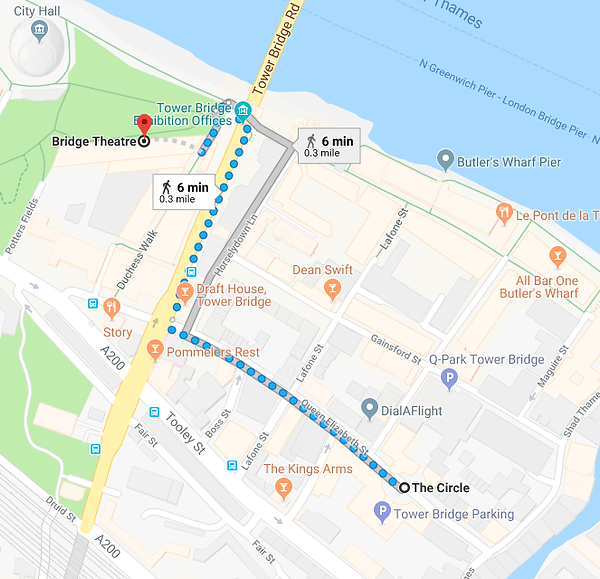 Walking route from the Bridge Theatre to The Circle