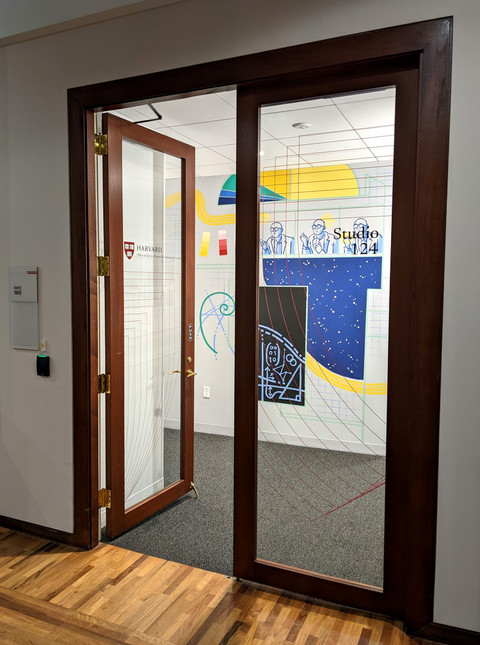 Office mural, colorful creative mural by Boston Cambridge muralist Kit Collins