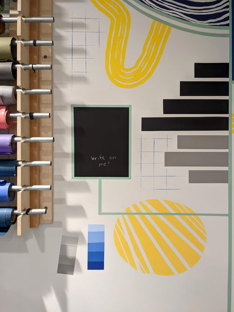 Office mural, colorful creative mural by Boston Cambridge muralist Kit Collins