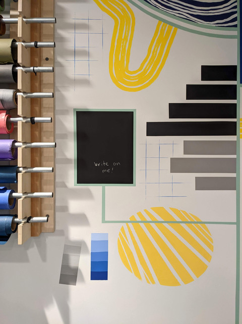 Office mural, colorful creative mural by Boston Cambridge muralist Kit Collins