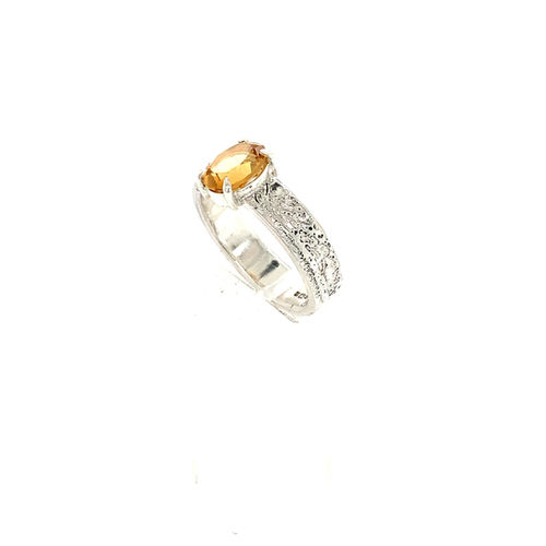 Thumbnail: Oval Faceted Citrine Silver Ring Etched Sterling
