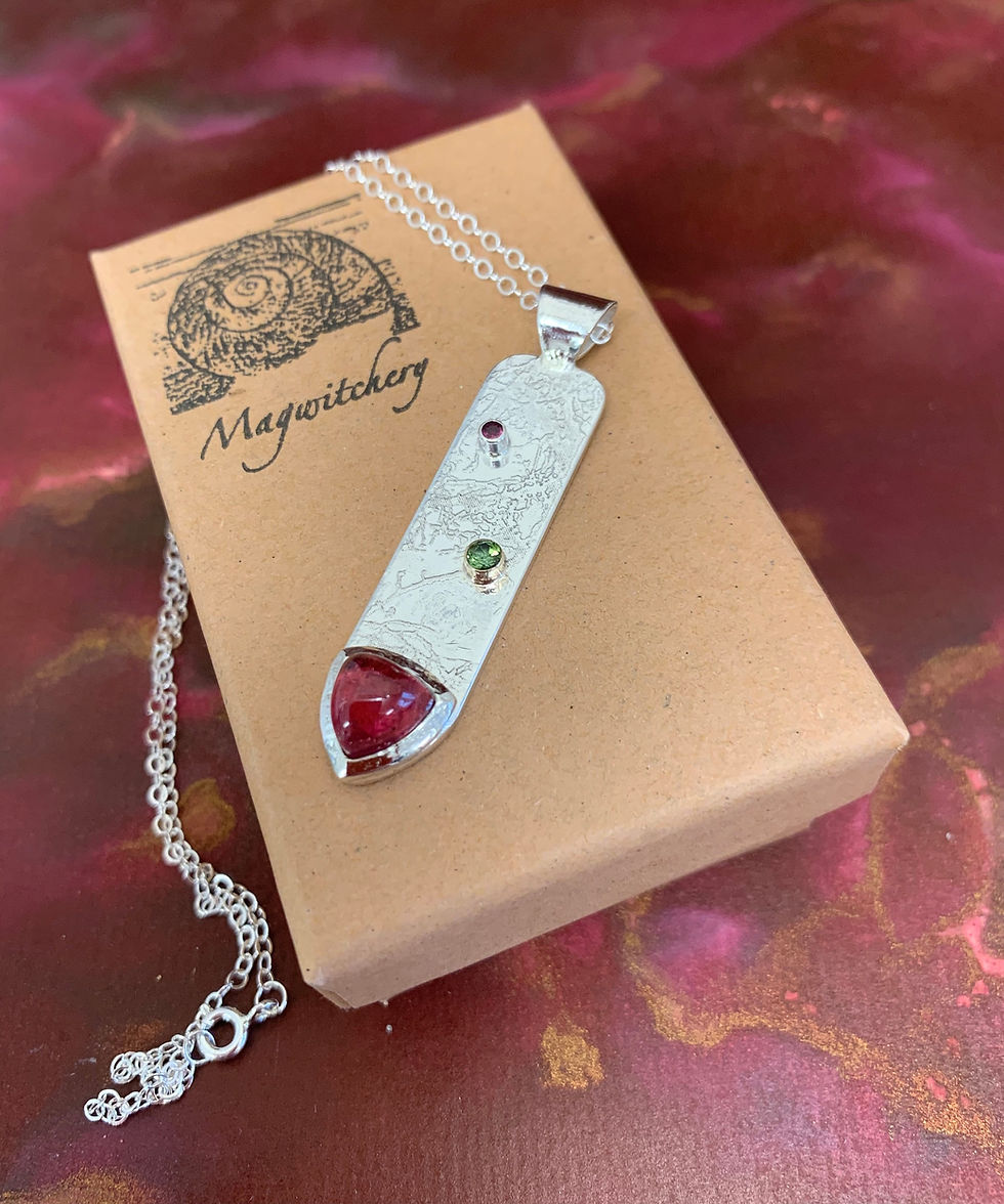 Thumbnail: Pink and Green Tourmaline and Silver Etched Pendant Neo Gothic