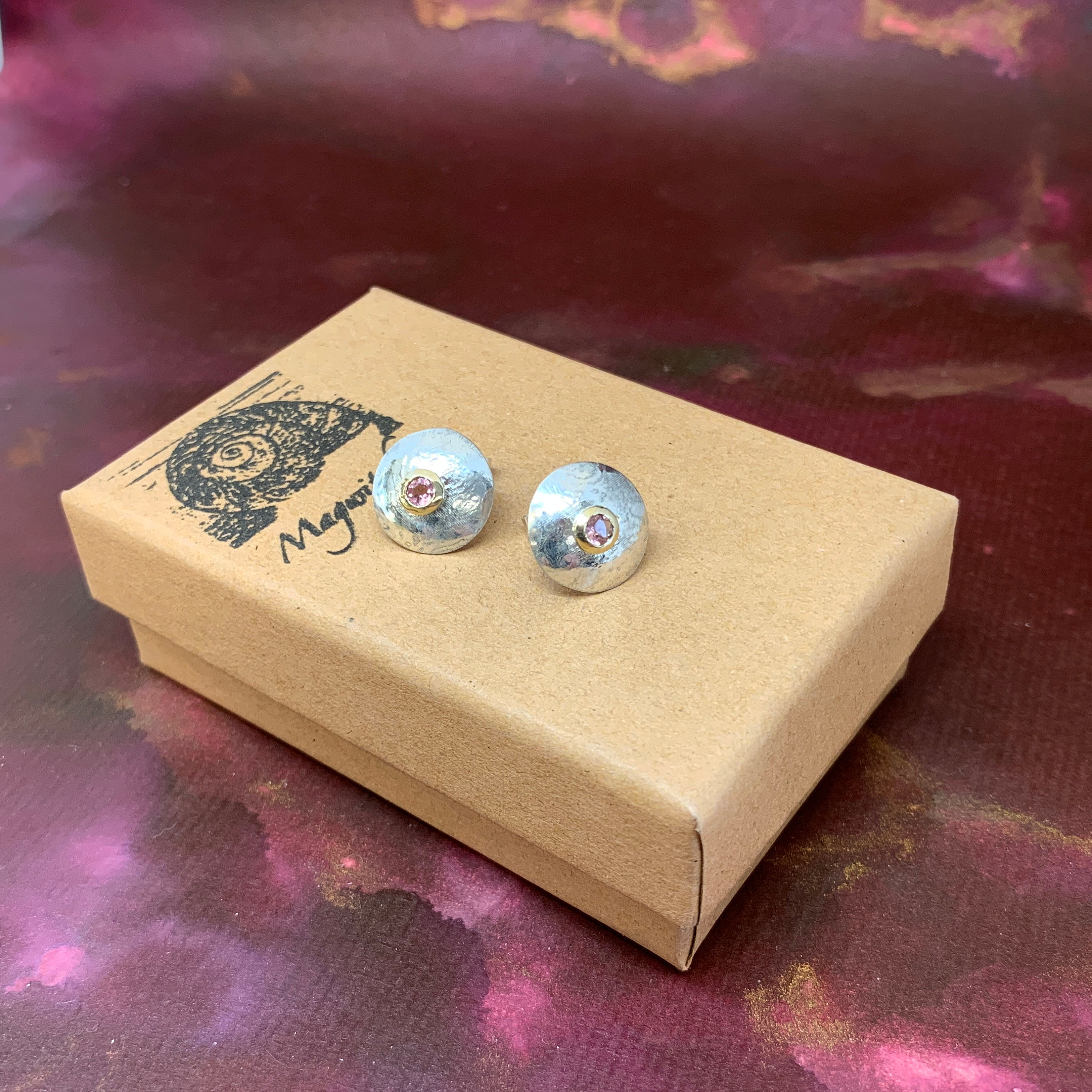 Pink Tourmaline Etched Domed Stud Earrings 18k Gold Settings - Magwitchery