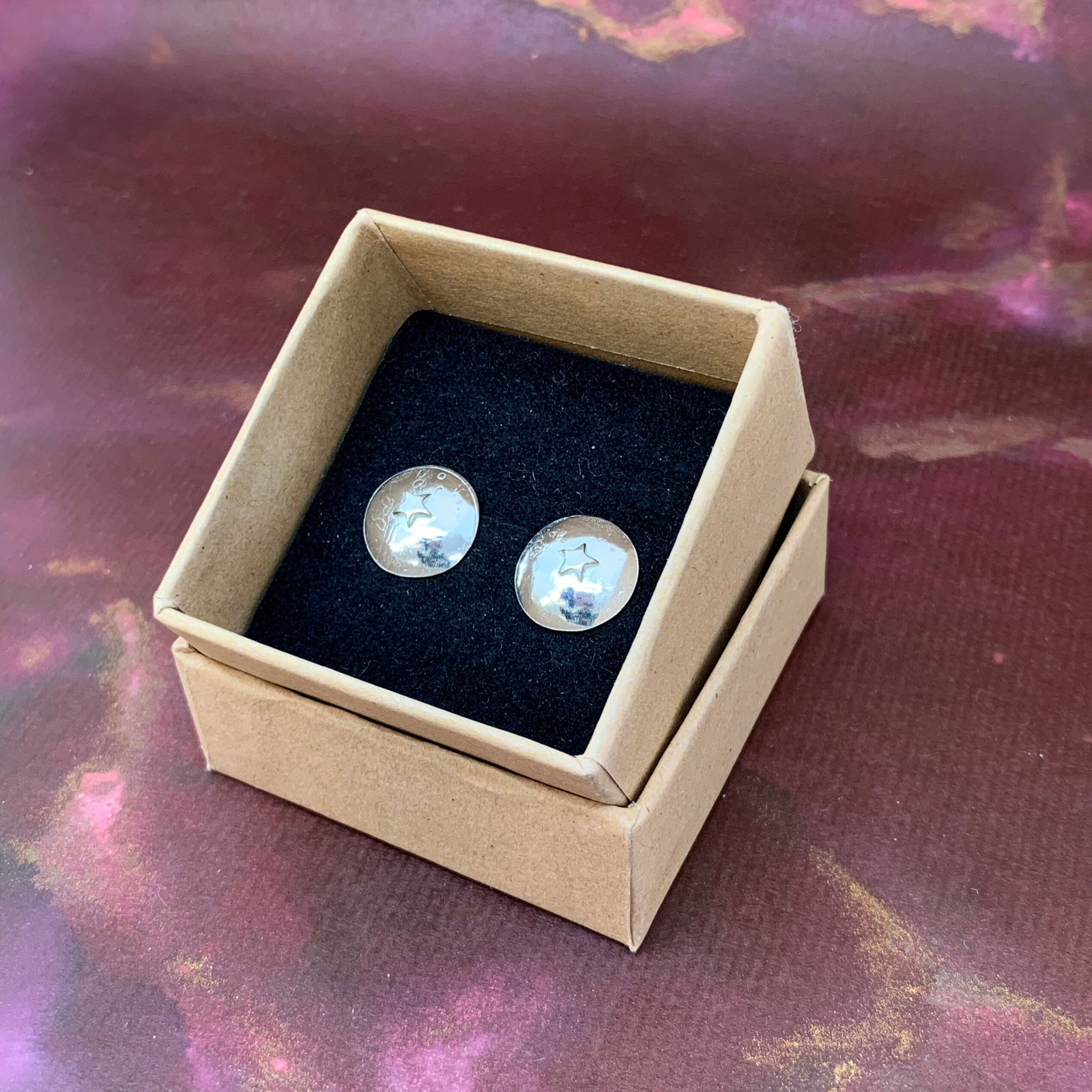 Etched Domed Silver Stud Earrings with raised Central Star - Magwitchery