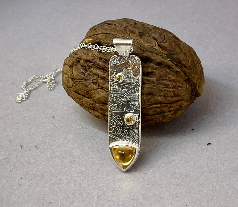 Thumbnail: Gothic shaped Etched Sterling Silver Pendant with Trillion Citrine and two small faceted Citrines - Magwitchery