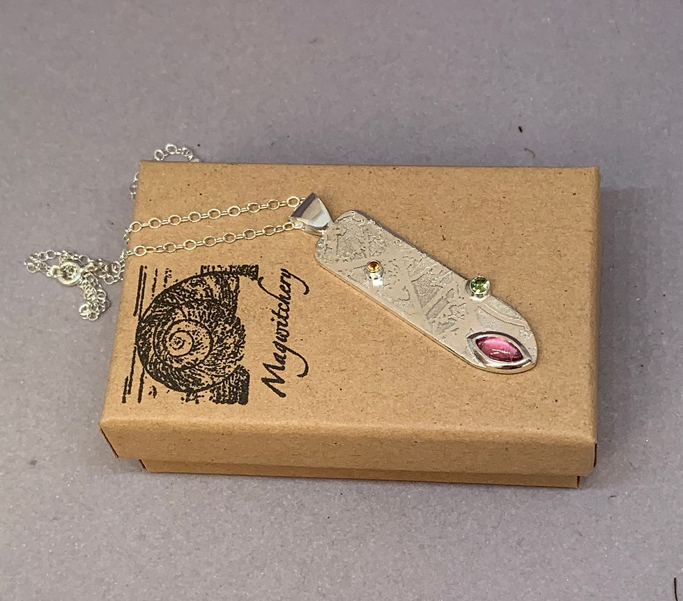 Thumbnail: Pink and Green Tourmaline, Mandarin Garnet and Silver Gothic Etched Pendant