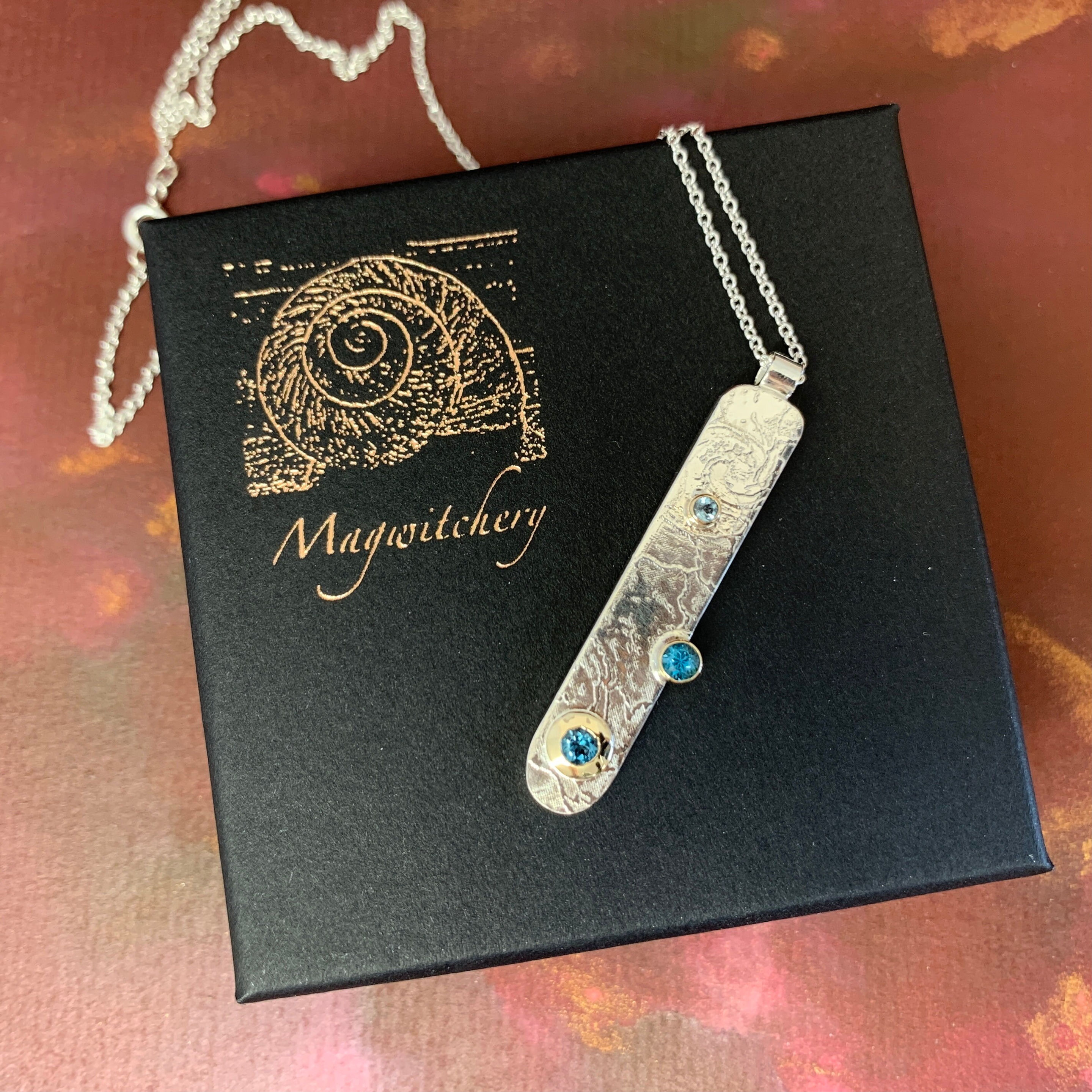 Ombre Blue Topaz Pendant Etched Silver Gold Settings