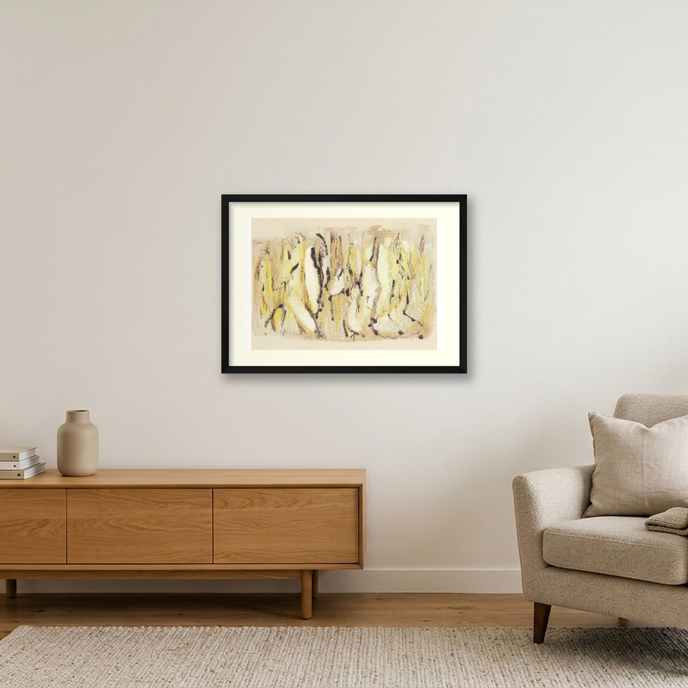 Gathering: Limited Edition Print, a warm, organic mixed-media piece in oil, oil pastel and graphite on artisanal paper, inspired by light filtering through late summer grasses. Original art with a warm, organic, contemplative presence.
