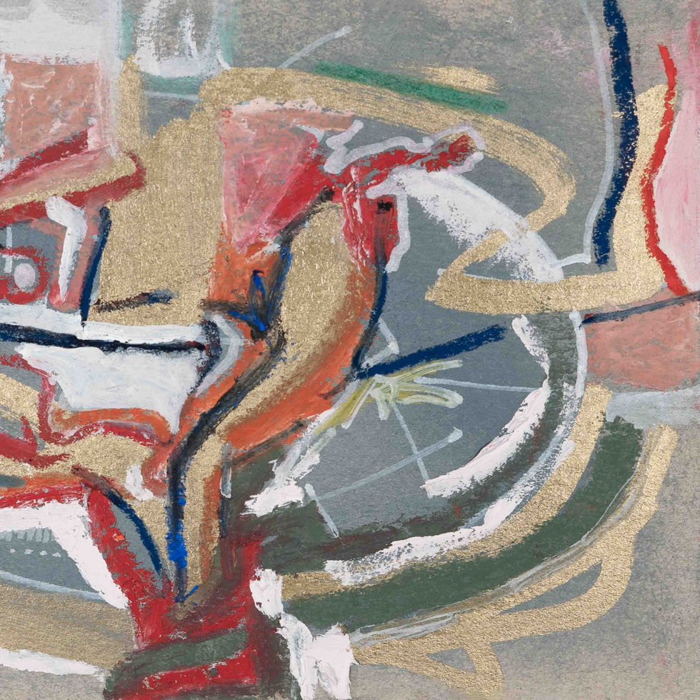 Chalice, a playful celebration of colour pairing vivid reds and muted golds on a soft blue-grey ground, with bold layered brushwork. For collectors drawn to organic, earthy, abstract expressionist wall art.