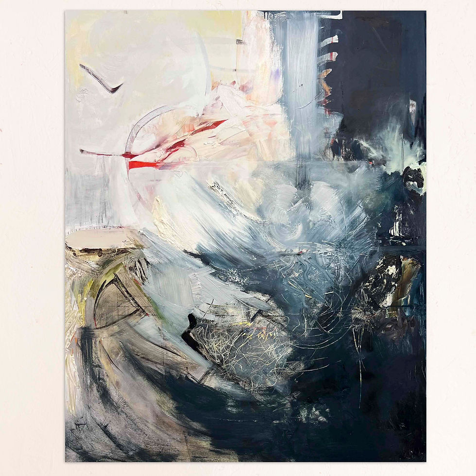 Creation, a large, dramatic abstract oil painting capturing universal energy in motion, in a strong palette of dark and light natural tones. Original art with a warm, organic, contemplative presence.