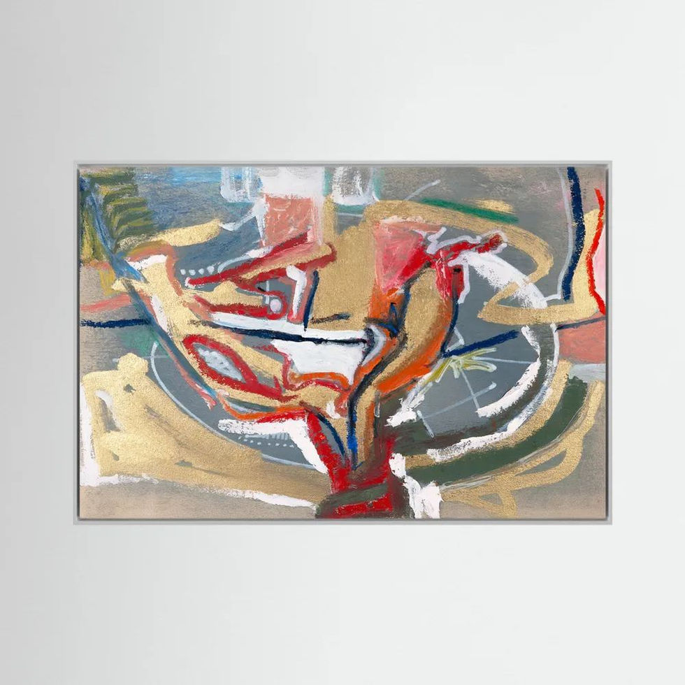 Chalice: Canvas Print styled on a wall, an abstract contemporary artwork in vivid reds, muted golds and metallic accents — a statement piece for warm, organic interiors.