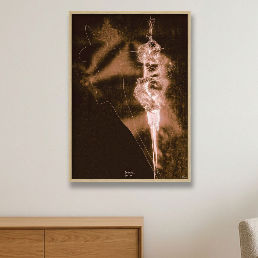 The Bulrush: Limited Edition Print, a graphite nature study of a bulrush seed head caught mid-unravel, its swirling lines full of quiet organic energy. Framed and ready to hang as a limited edition fine art print for Japandi and minimalist interiors.