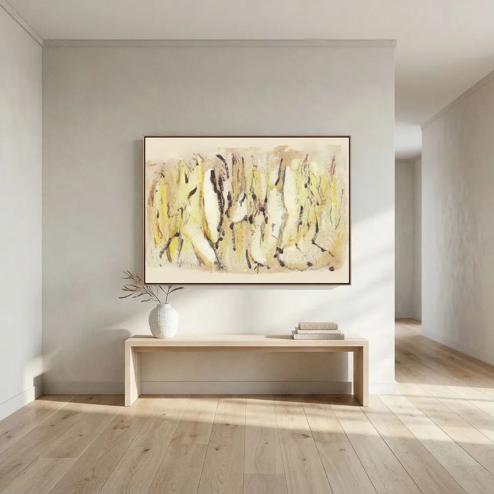 Gathering framed print styled in a neutral, earthy interior — a considered addition to organic, natural or Japandi-inspired living spaces.