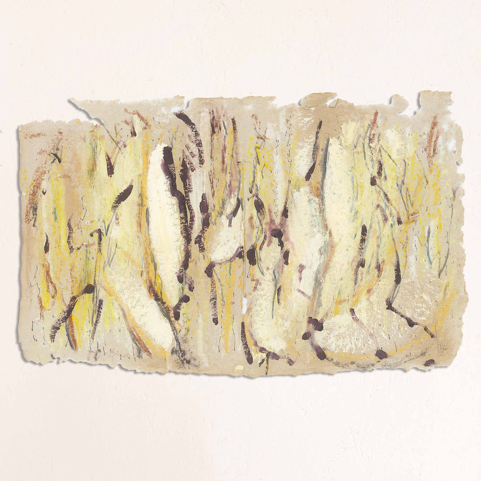 Gathering, a warm, organic mixed-media piece in oil, oil pastel and graphite on artisanal paper, inspired by light filtering through late summer grasses. For collectors drawn to organic, earthy, abstract expressionist wall art.