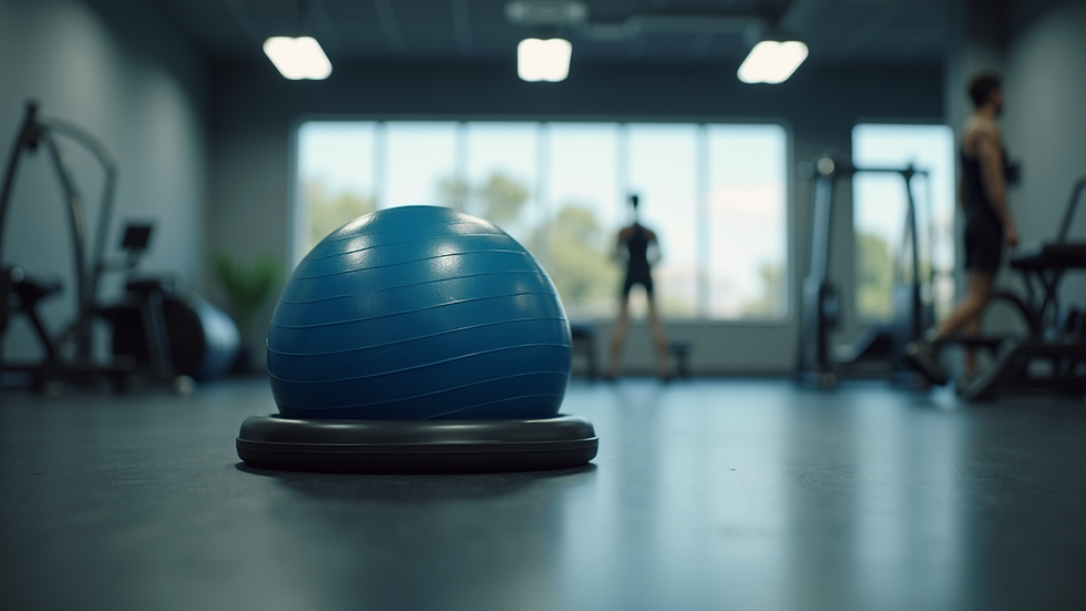 Eye-level view of a stability ball on a gym floor