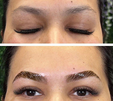 Image of a brunette womans brows before and after brow lamination.The before image the brows look very light and thin. the after image show the brows looks fuller and darker and more defined.