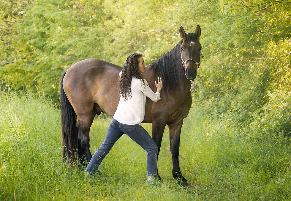 Femme en chemise blanche pratiquant du shiatsu sur un cheval bai dans une prairie verte, sous des arbres, ambiance paisible.