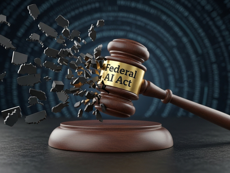Image showing a gavel with the words Federal AI Act, smashing a bill