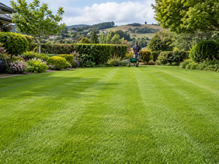 Healthy green New Zealand lawn being fertilised with a lawn spreader