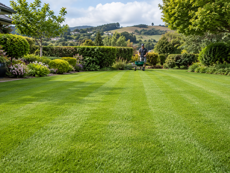 Healthy green New Zealand lawn being fertilised with a lawn spreader