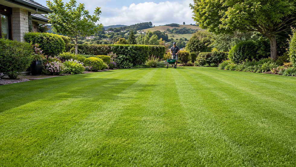 Healthy green New Zealand lawn being fertilised with a lawn spreader