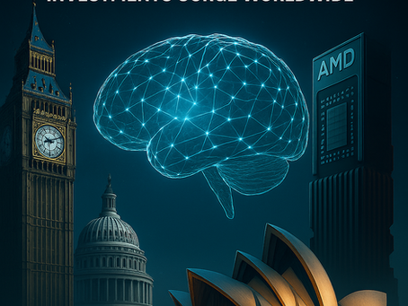 Image showing the words Global AI with images of world landmarks such as Big Ben, Capitol Hill, Sydney Opera House. Also a AI brain and a AMD chip