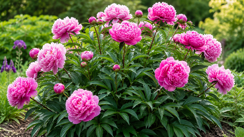 Healthy flowering peony after spring care