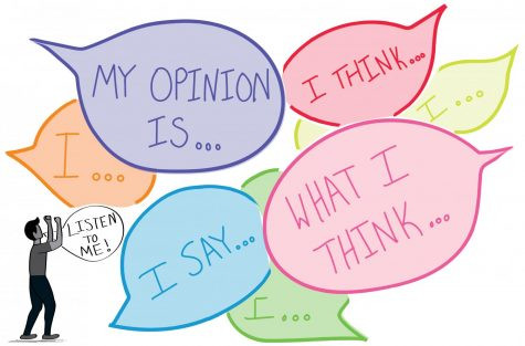 Speech bubbles about opinions, a man shouting listen to me