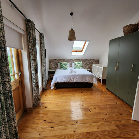 Bedroom with a bed, wooden floor, green wardrobe, and skylight
