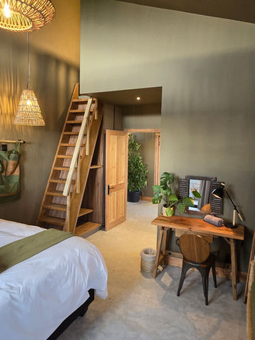 Bedroom with bed, wooden desk, and ladder to a loft