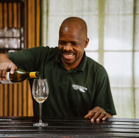 Friendly barman serving wine at Greenfields Guesthouse bar in Alberton